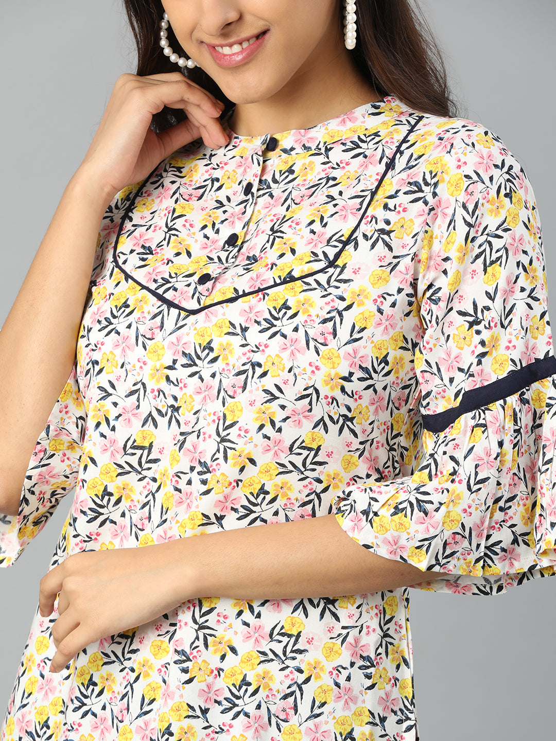 Cream Rayon Floral Printed Kurta