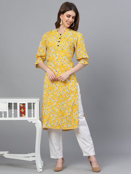 Yellow Rayon Printed Kurta