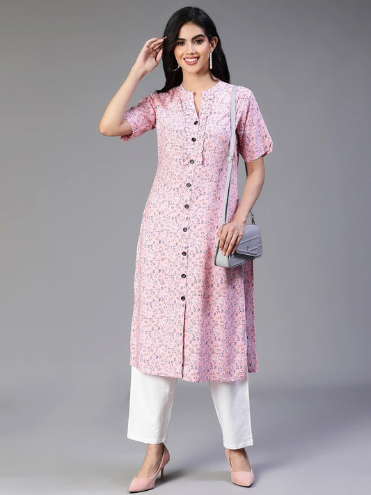 Pink Rayon Flower Printed Kurta