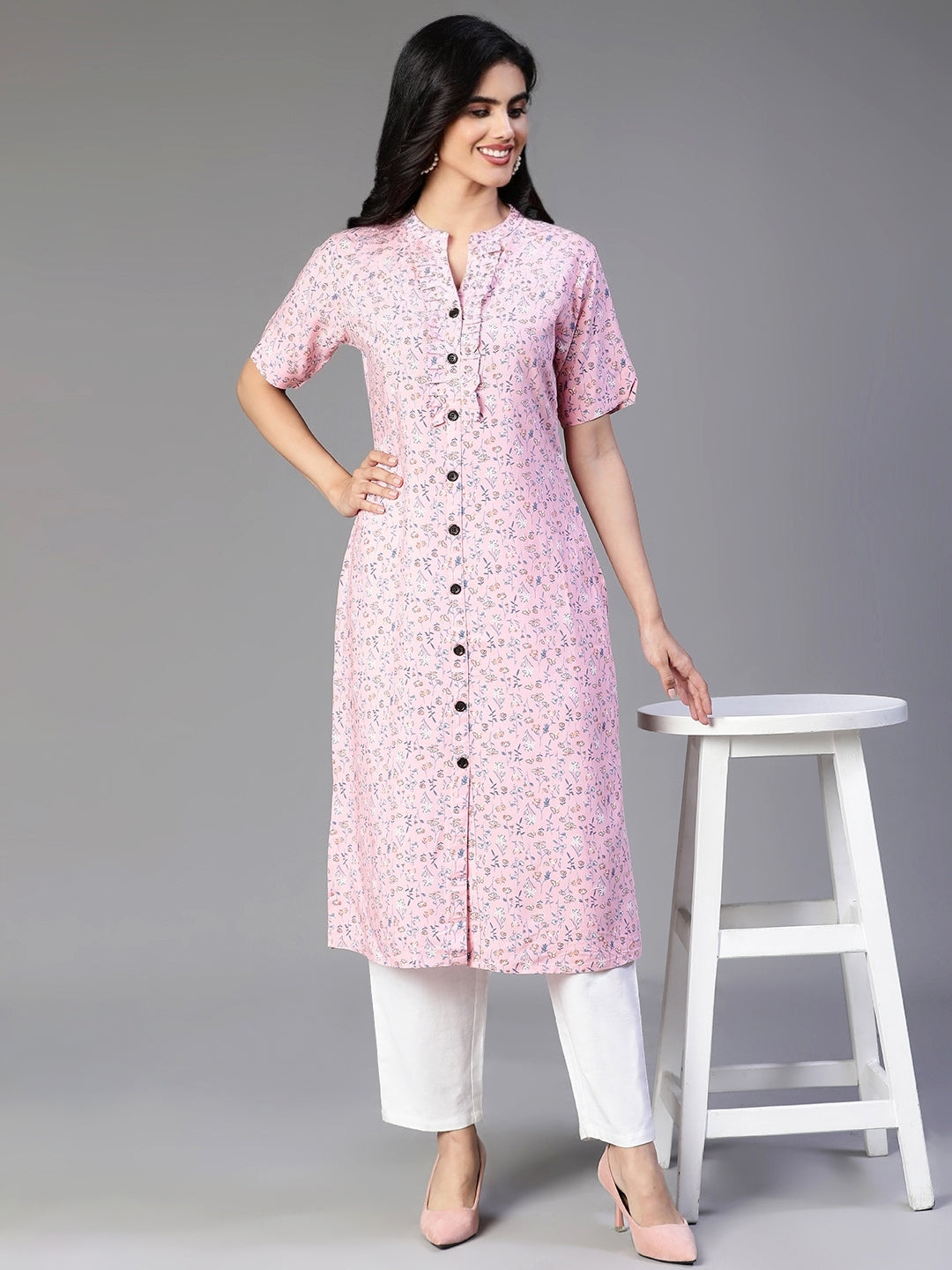 Pink Rayon Flower Printed Kurta