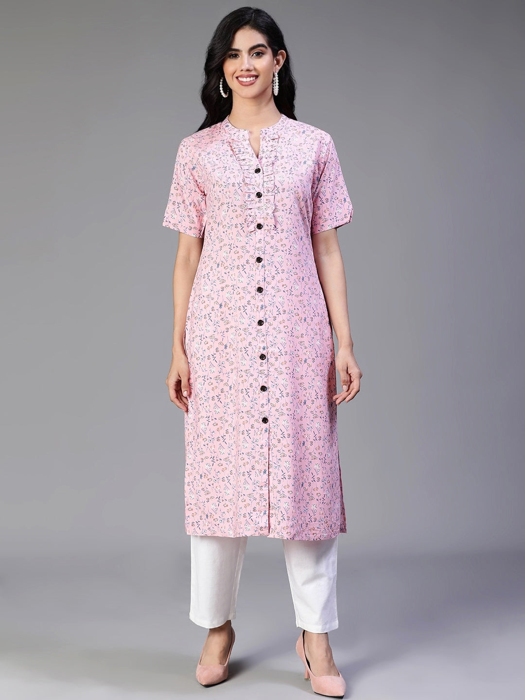 Pink Rayon Flower Printed Kurta