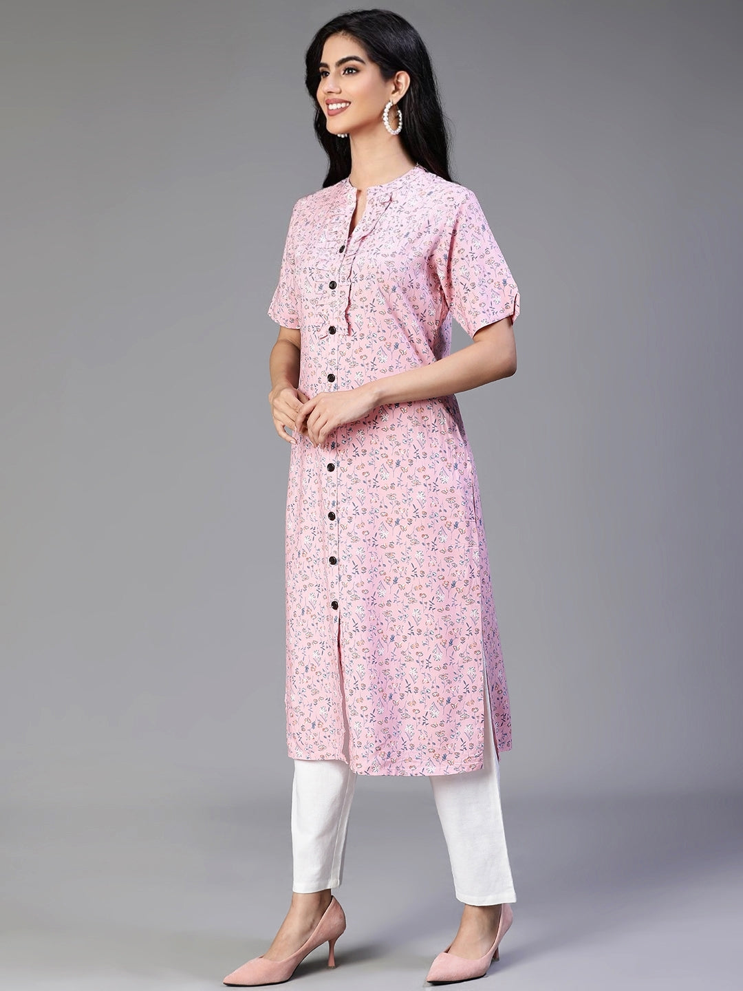 Pink Rayon Flower Printed Kurta