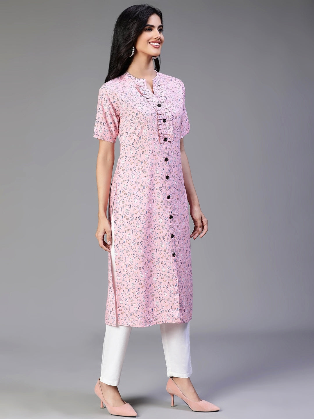 Pink Rayon Flower Printed Kurta