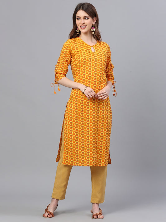 Orange Cotton Printed Kurta