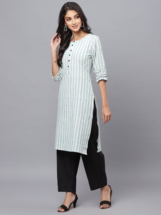 Green Cotton Striped Kurta