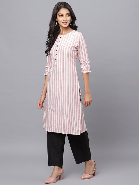 Pink Cotton Striped Kurta