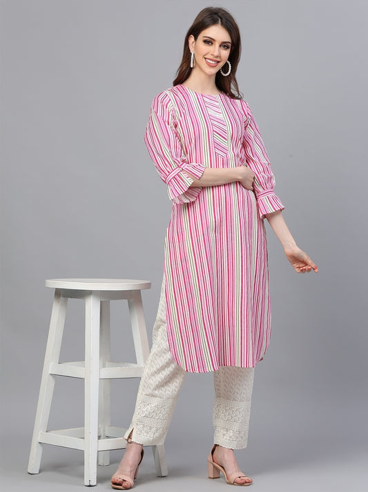 Cream Cotton Kurta with Stripe Design