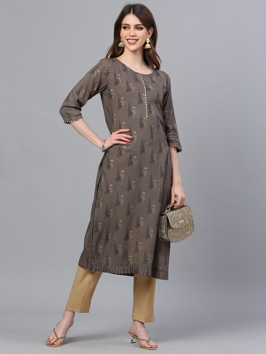 Brown Rayon Printed Kurta