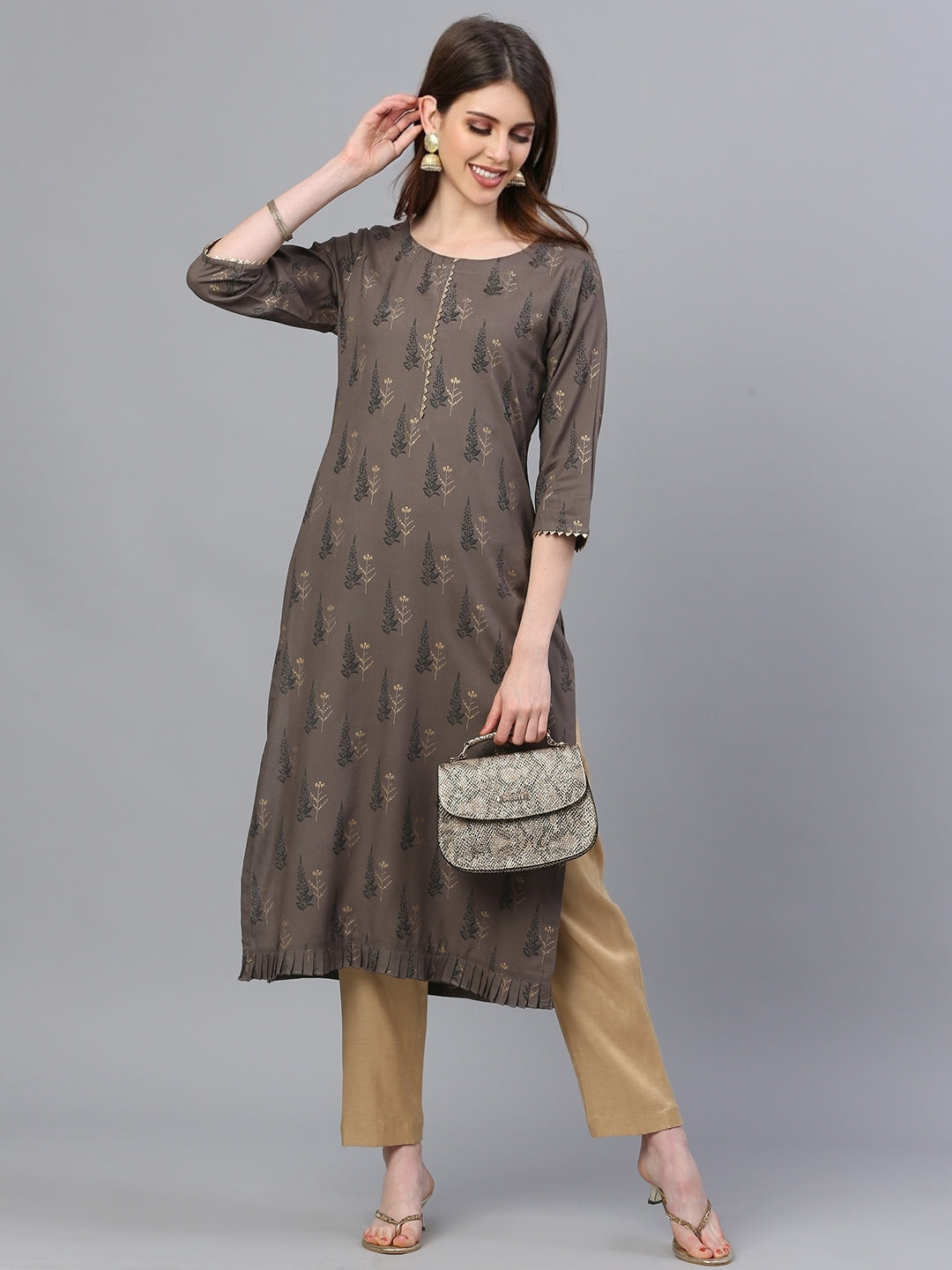 Brown Rayon Printed Kurta