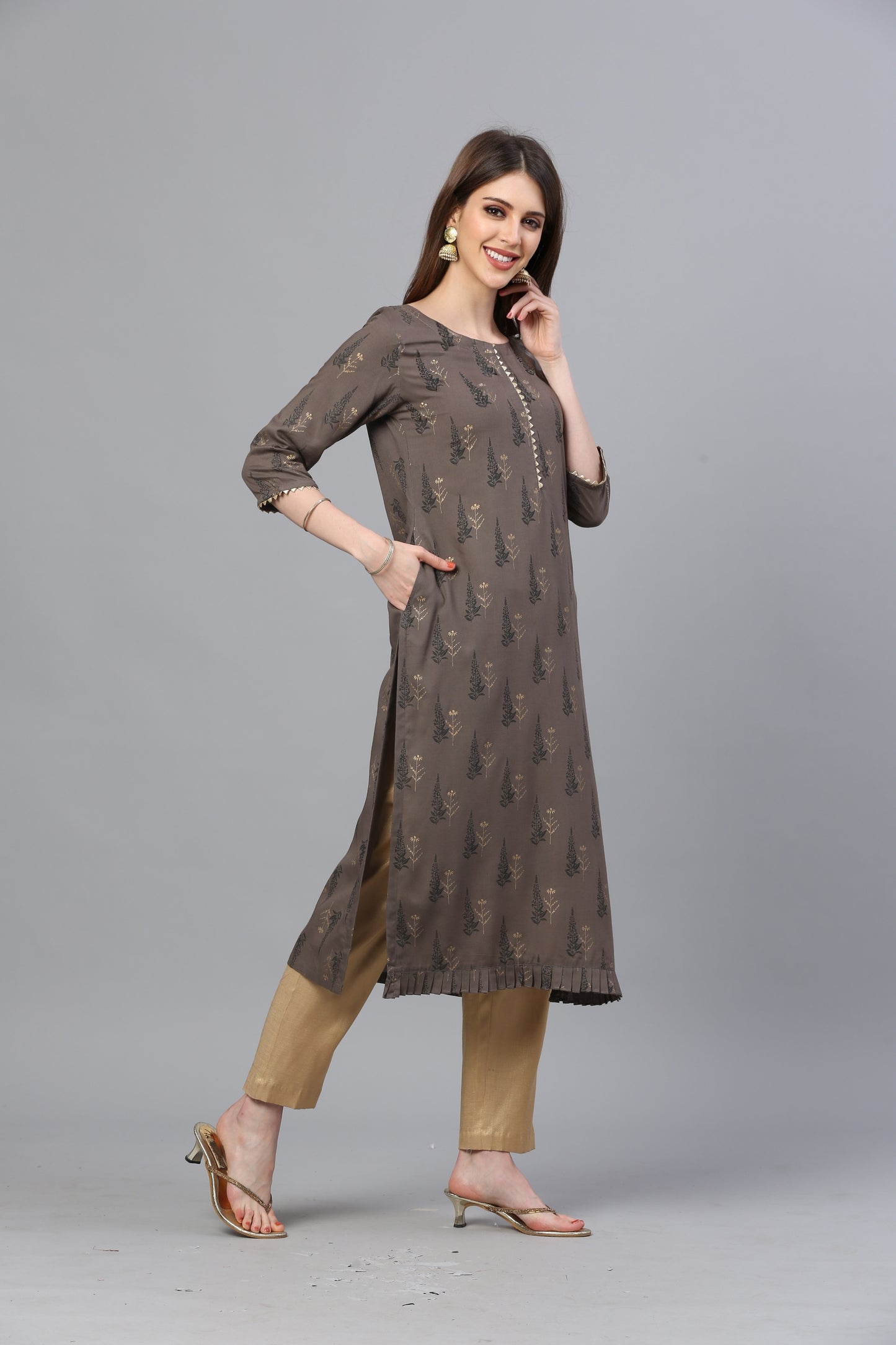 Brown Rayon Printed Kurta