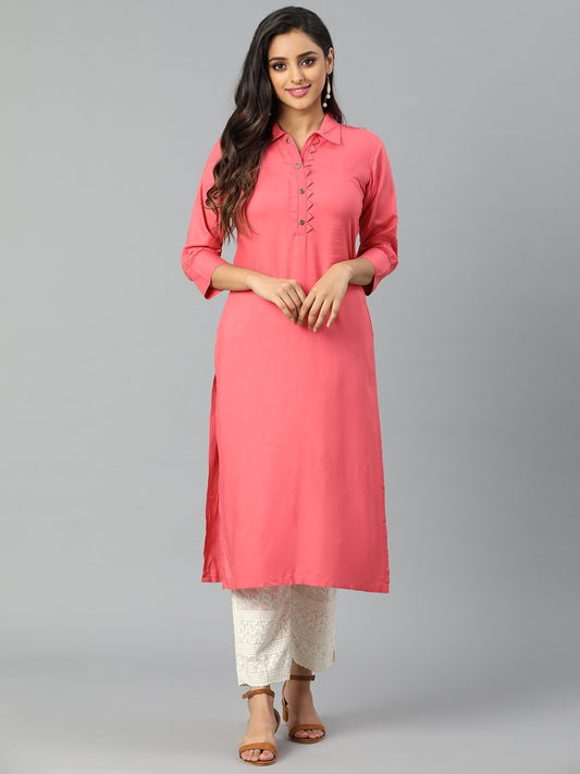 Peach Rayon Slub Kurta with Collar