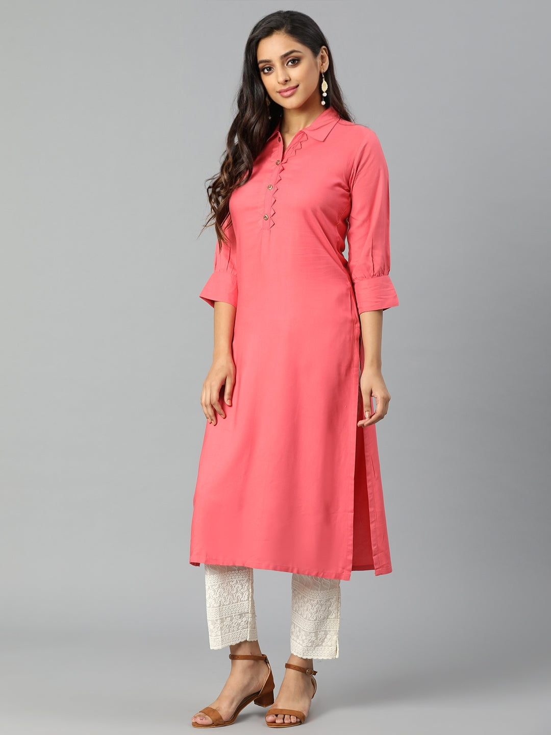 Peach Rayon Slub Kurta with Collar