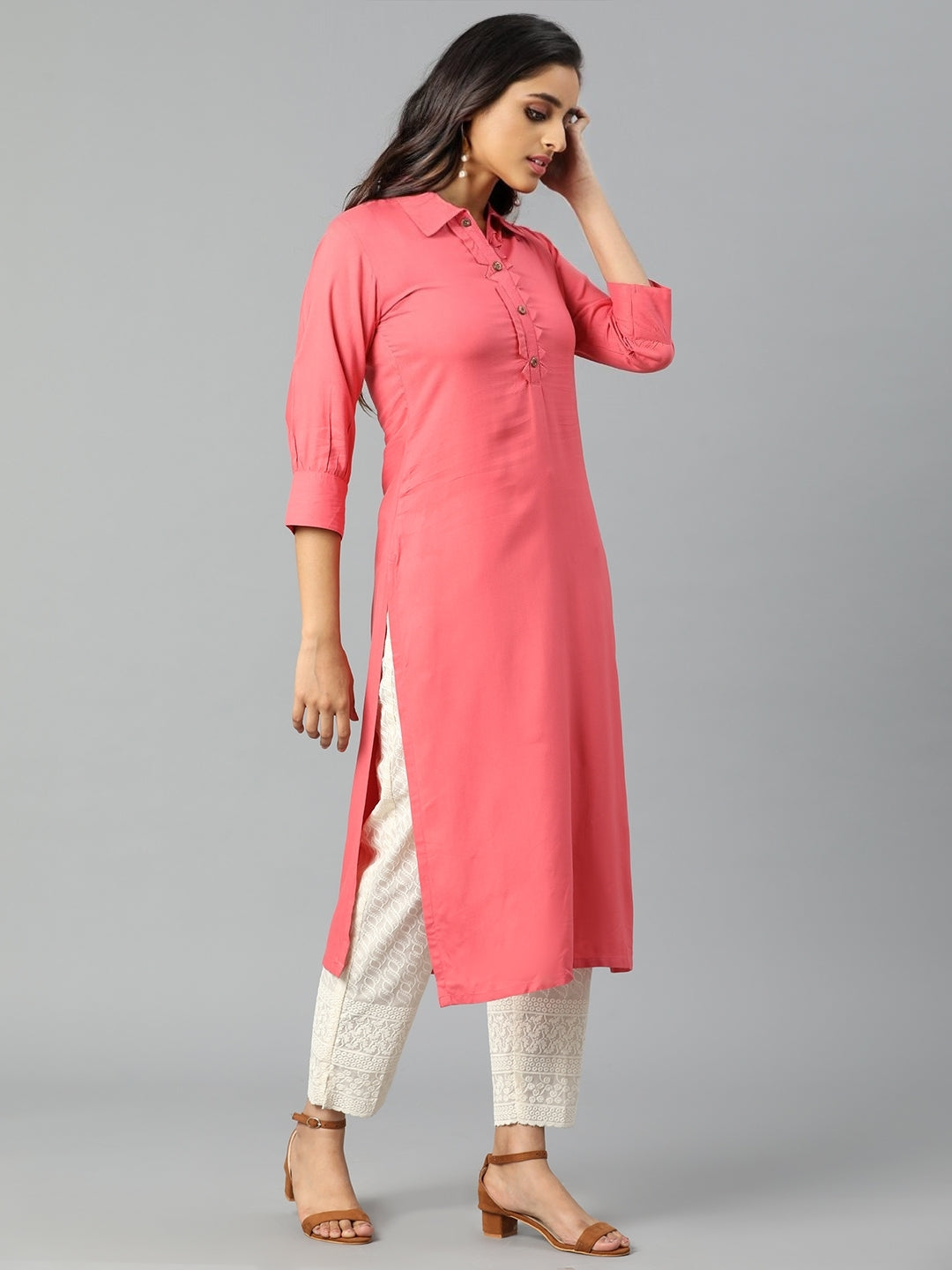 Peach Rayon Slub Kurta with Collar