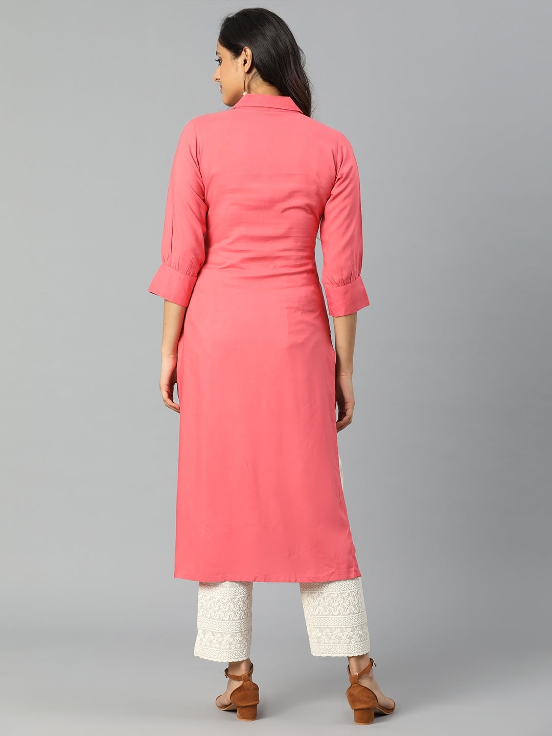 Peach Rayon Slub Kurta with Collar