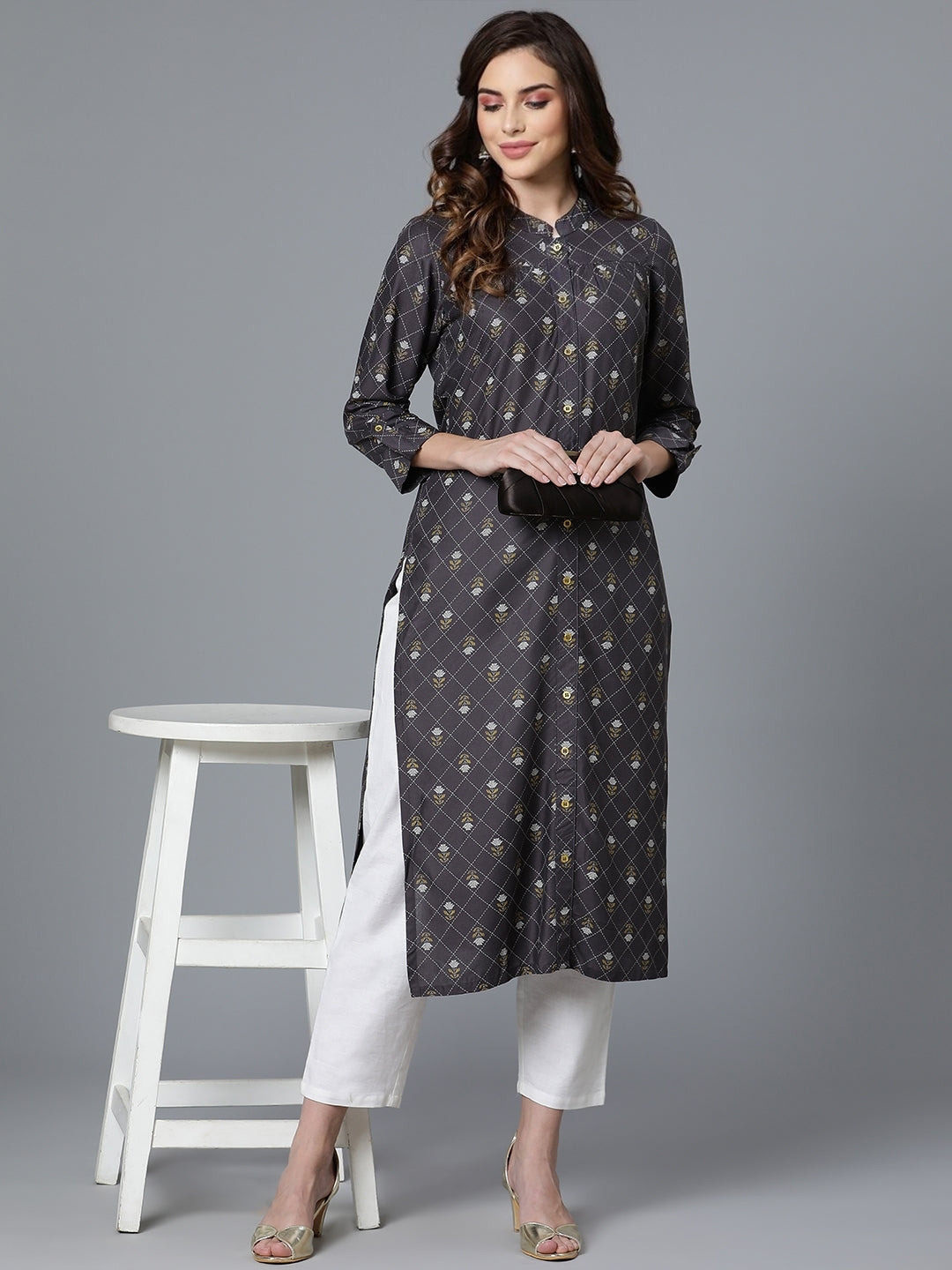 Grey Rayon Printed Kurta