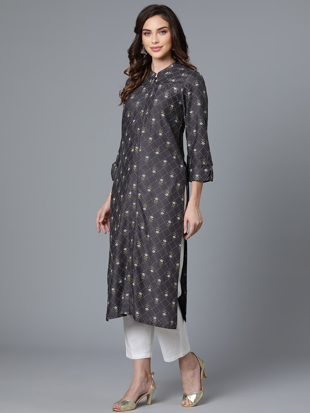 Grey Rayon Printed Kurta