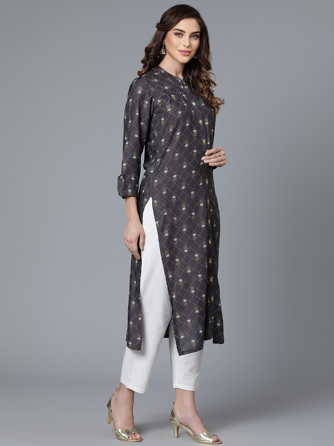 Grey Rayon Printed Kurta