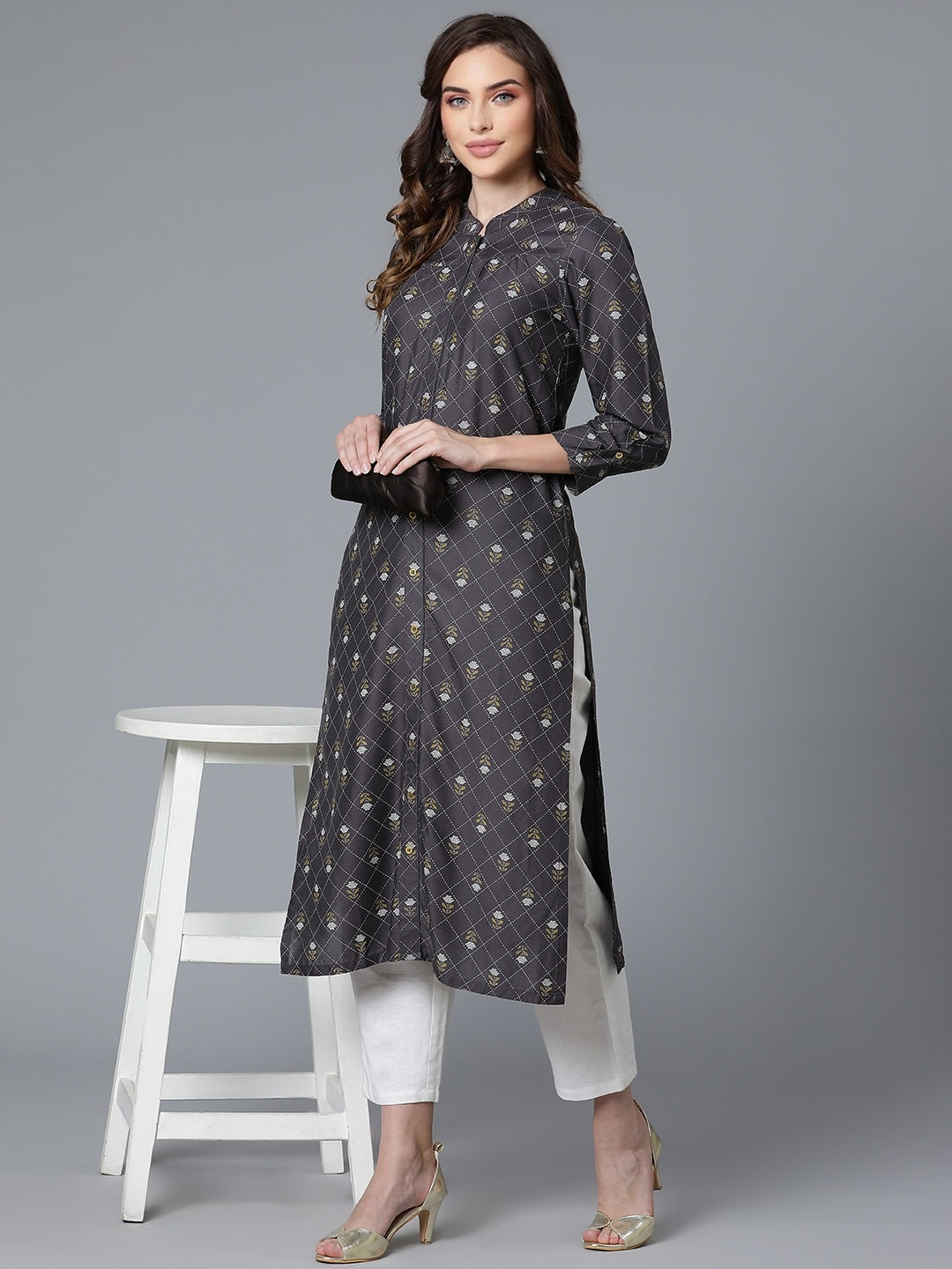 Grey Rayon Printed Kurta