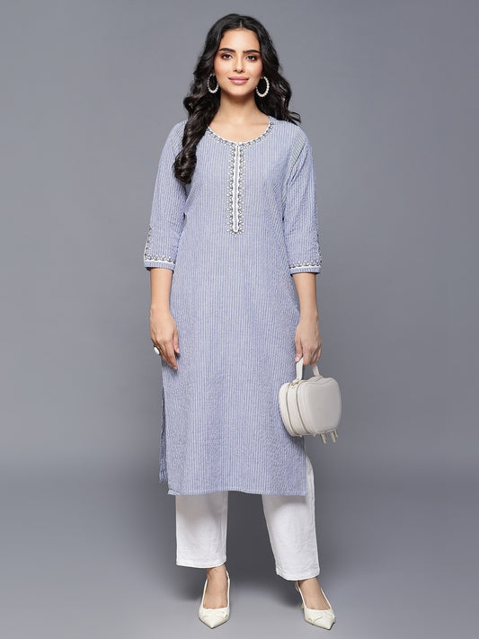 Blue Cotton Printed Kurta