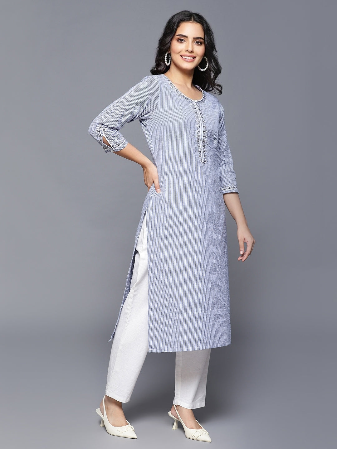 Blue Cotton Printed Kurta