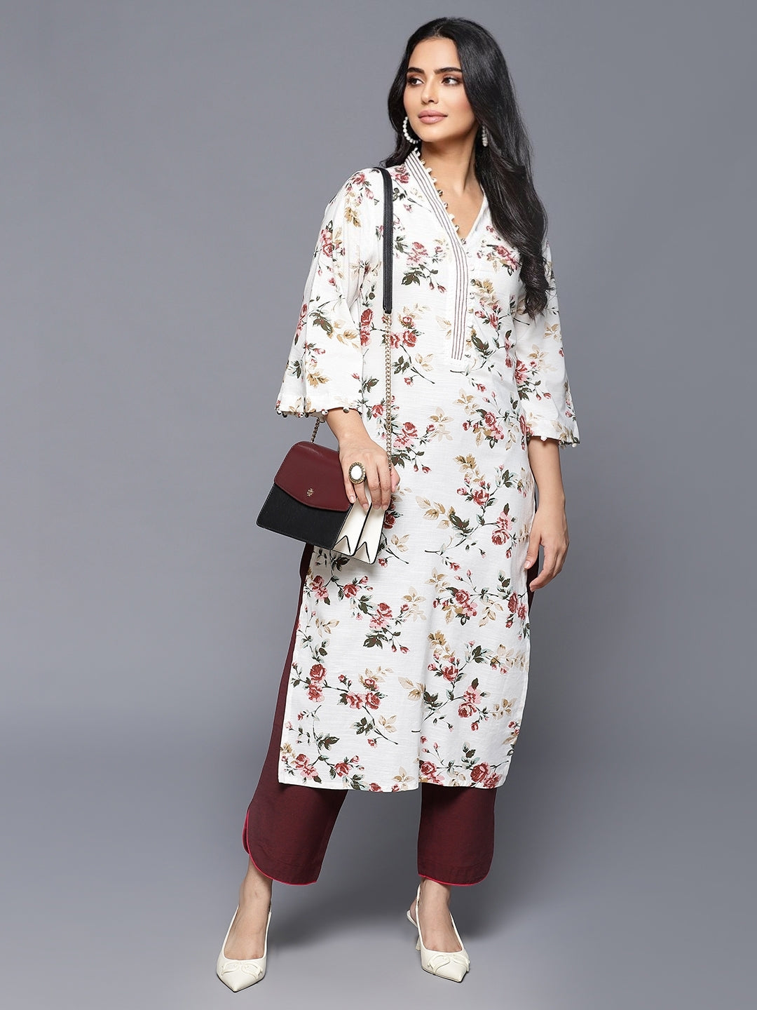 Off White Rayon Printed Kurta