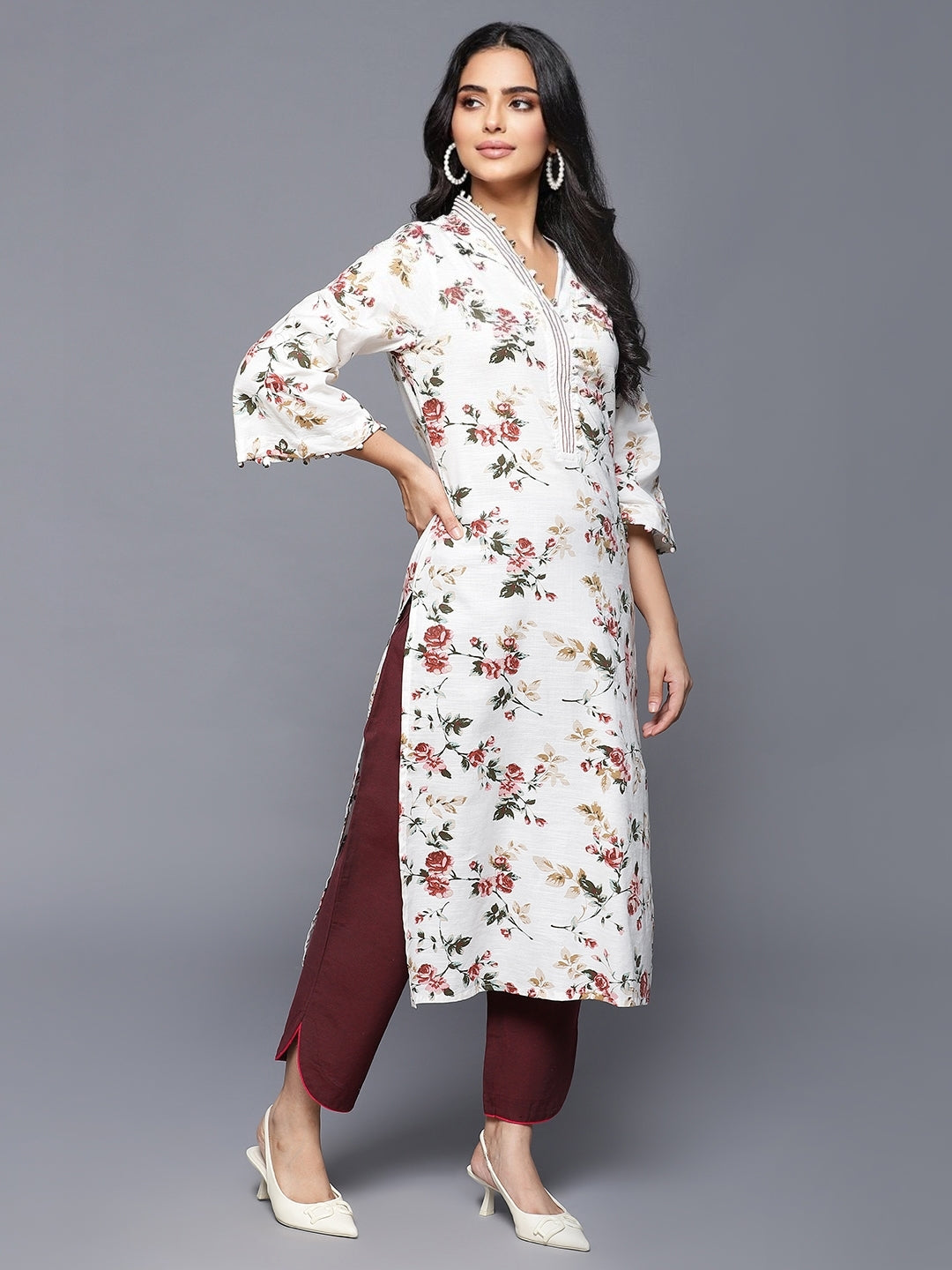 Off White Rayon Printed Kurta