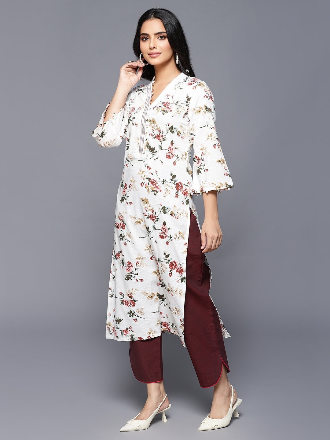 Off White Rayon Printed Kurta