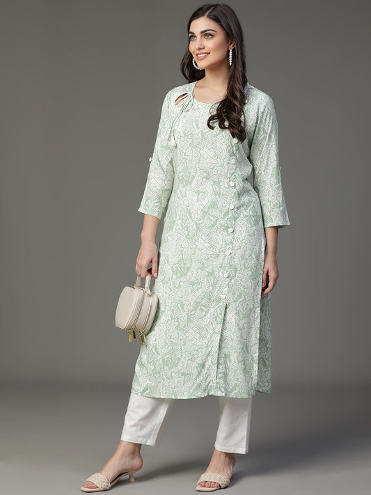 Green Rayon Printed Kurta