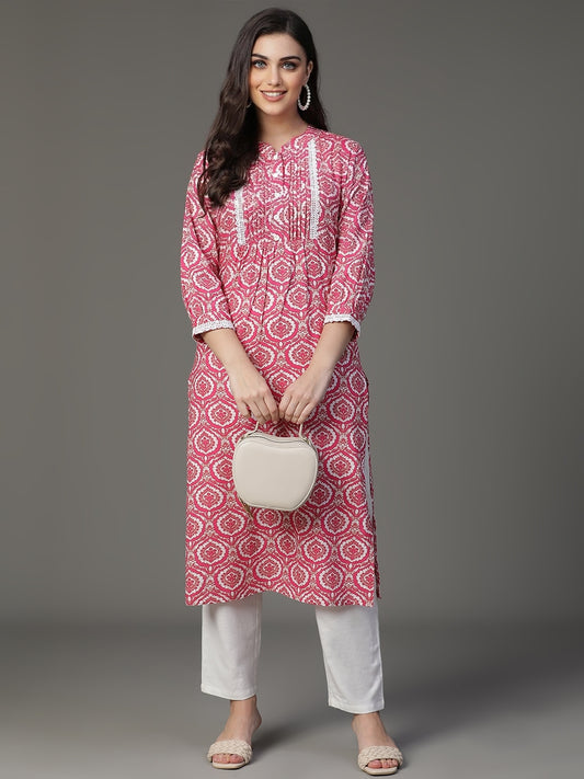 Pink Cotton Printed Kurta