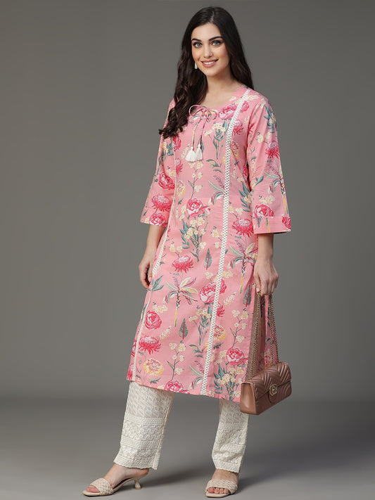 Pink Cotton Printed Kurta