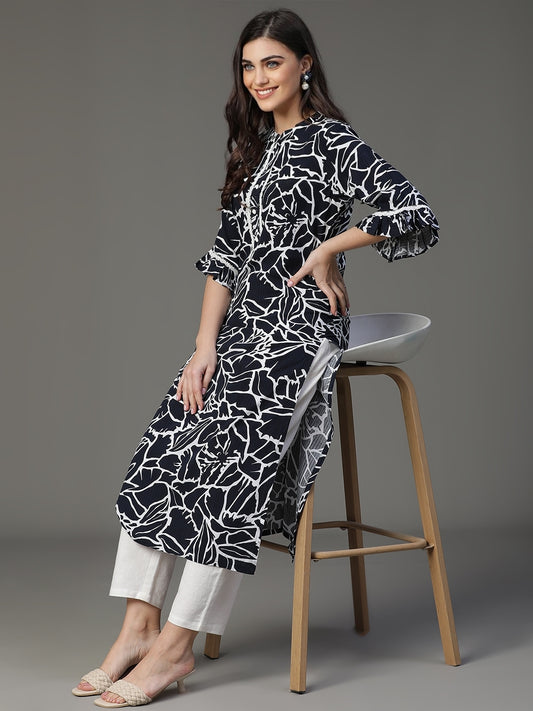 Black Cotton Jacquard Printed Kurta