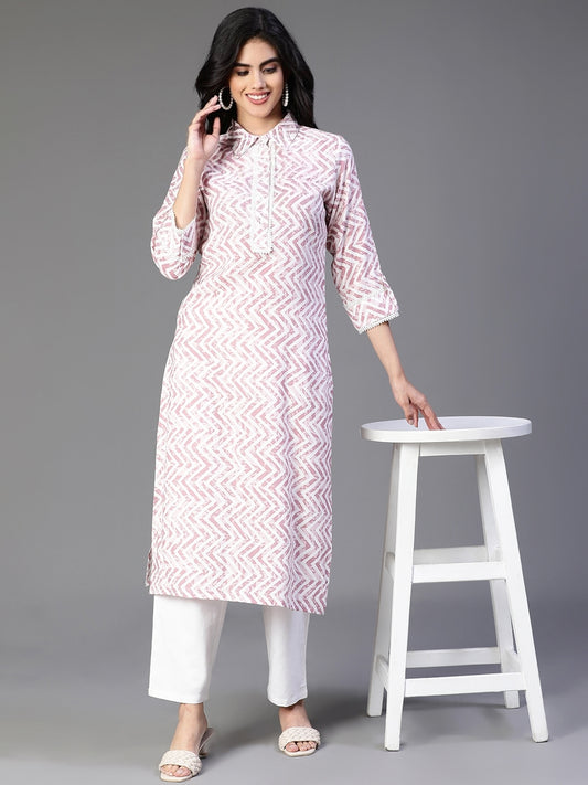 Off White Rayon Printed Kurta with Zig Zag Print