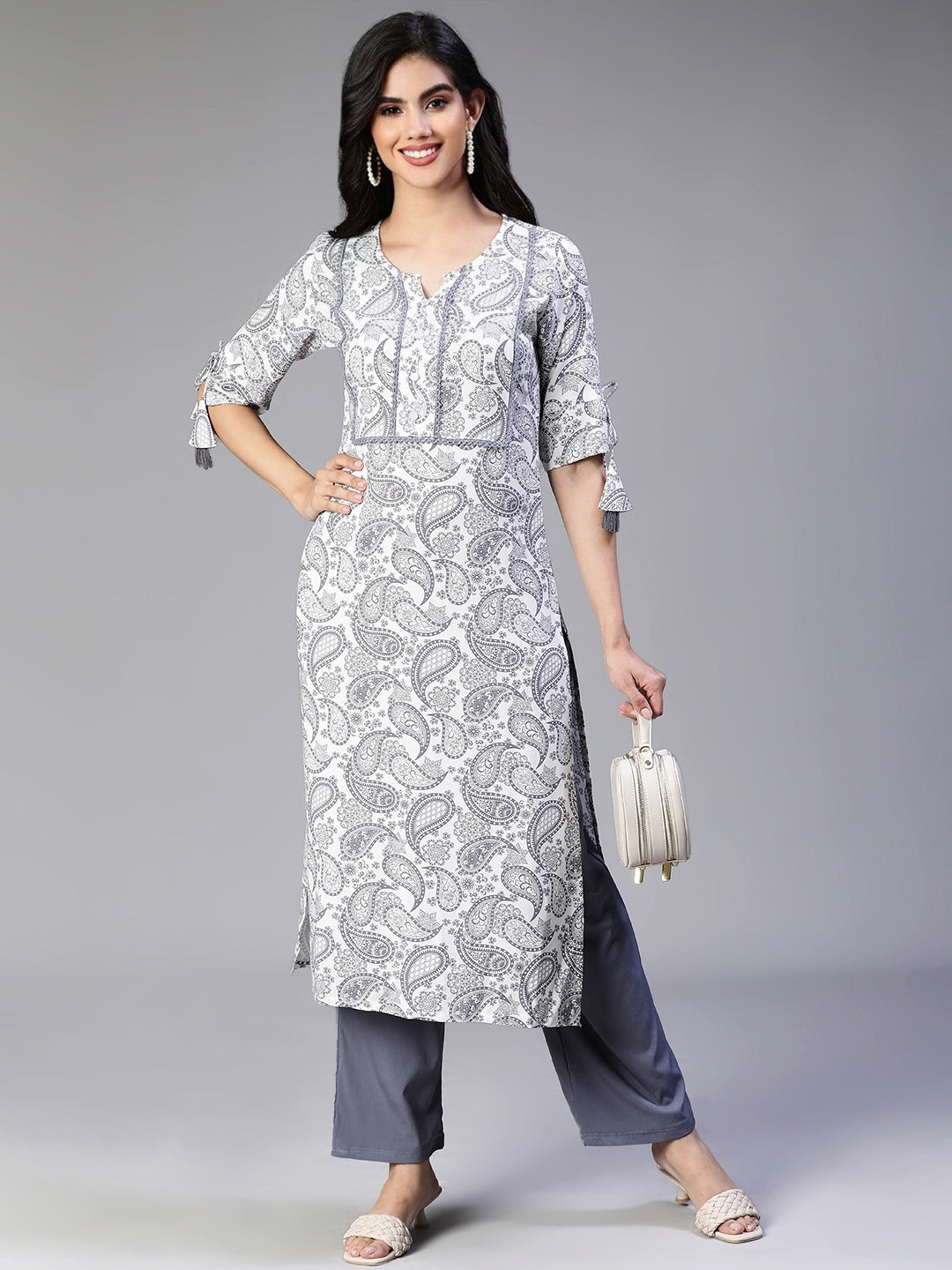 Off White Rayon Printed Kurta