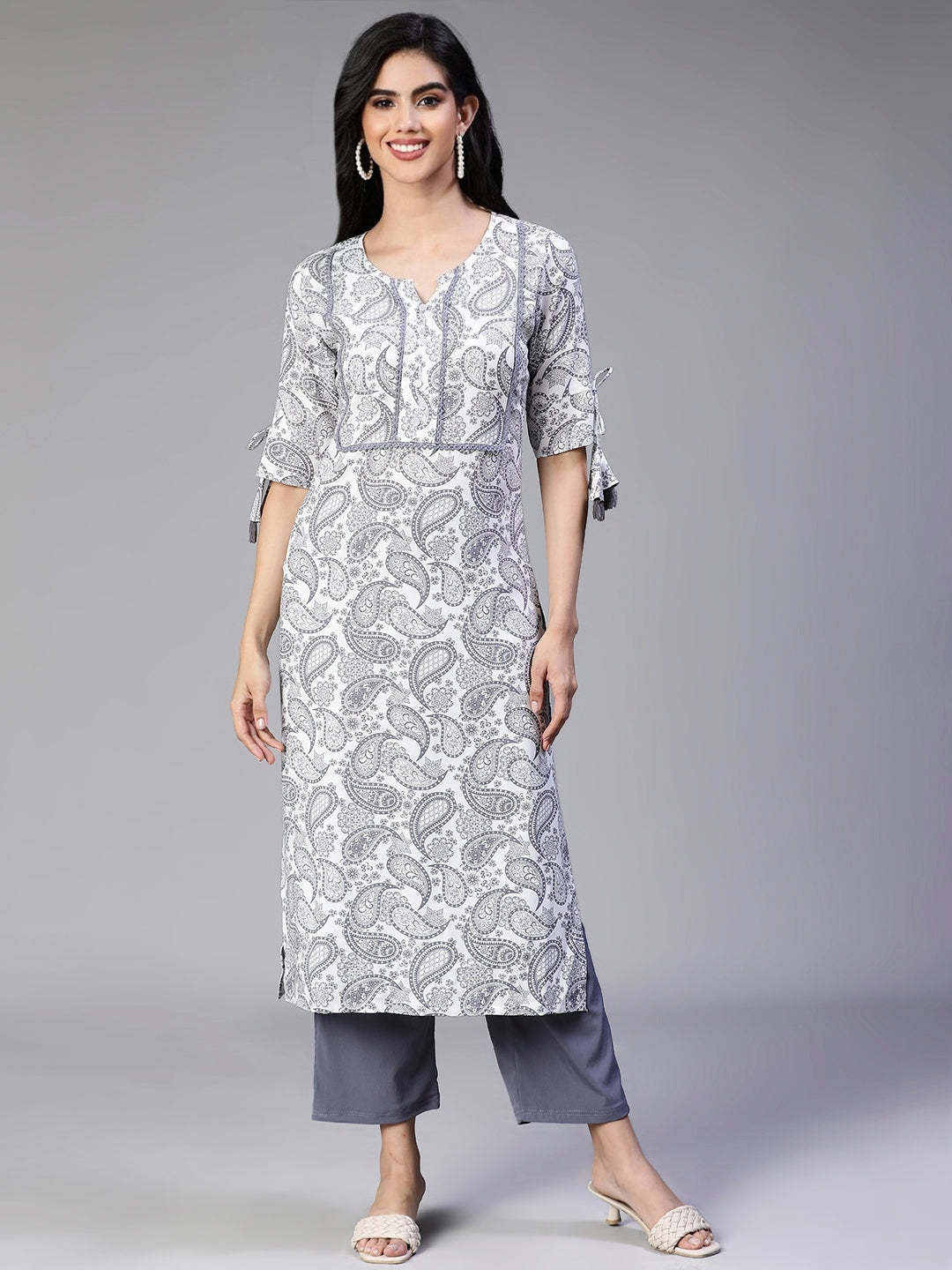 Off White Rayon Printed Kurta