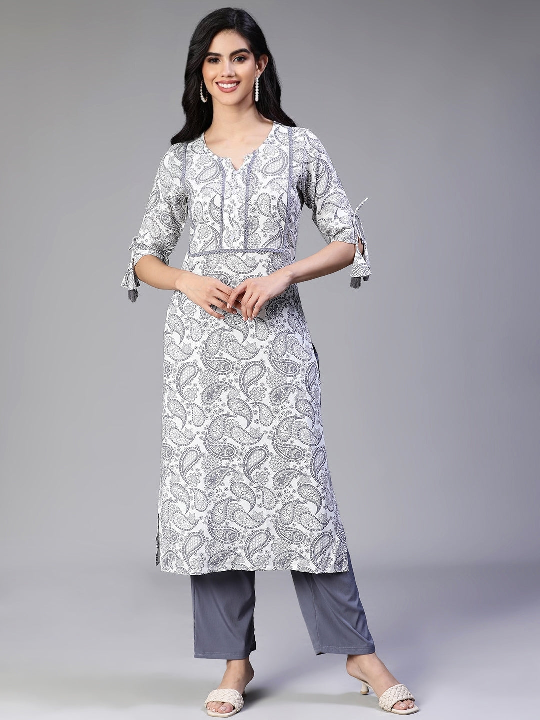 Off White Rayon Printed Kurta