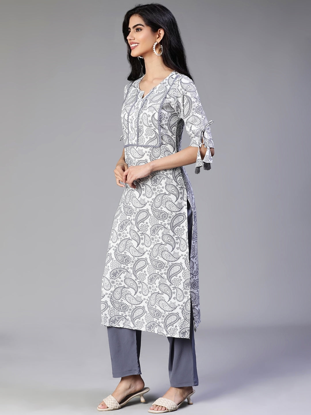 Off White Rayon Printed Kurta