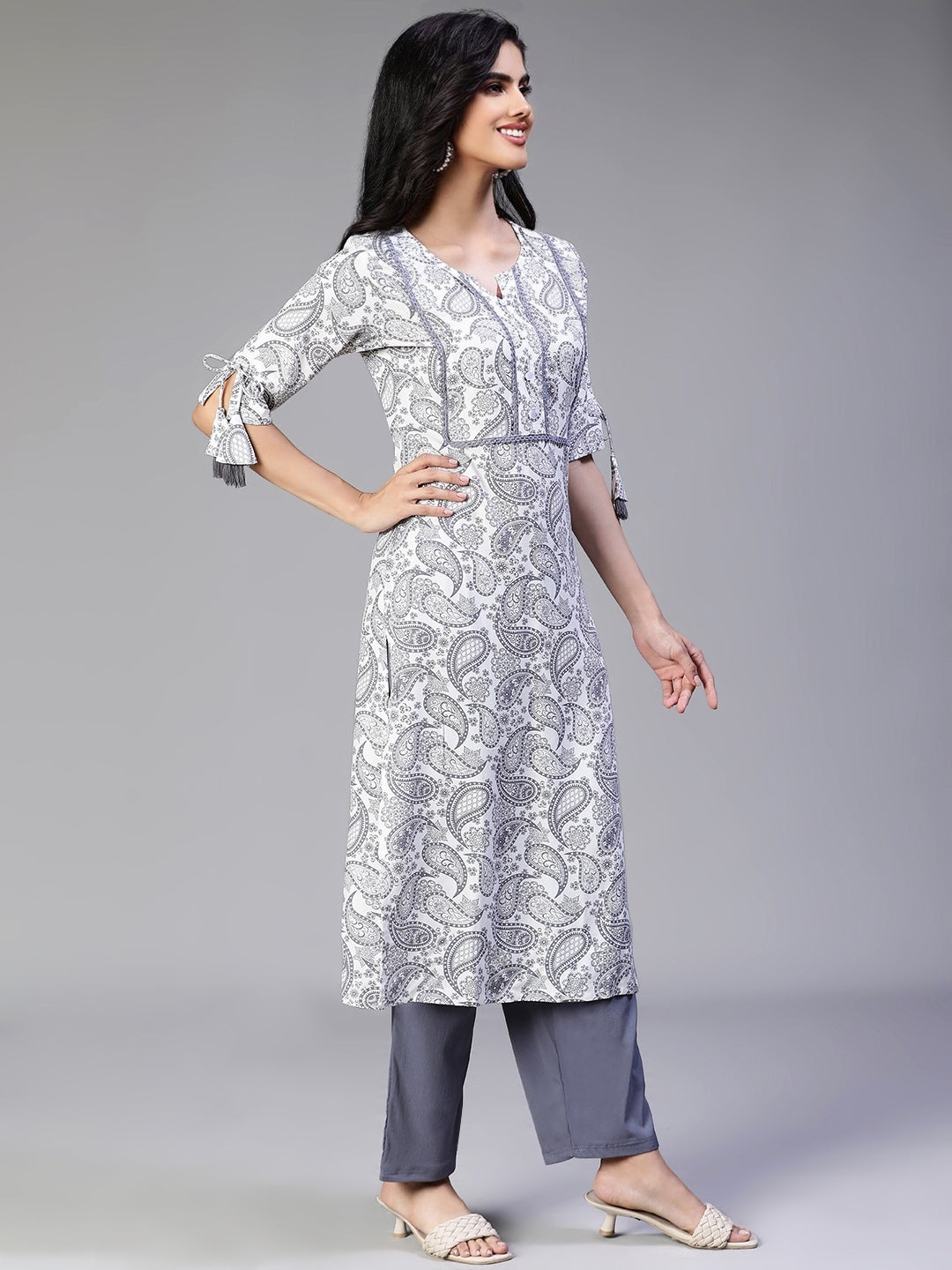 Off White Rayon Printed Kurta