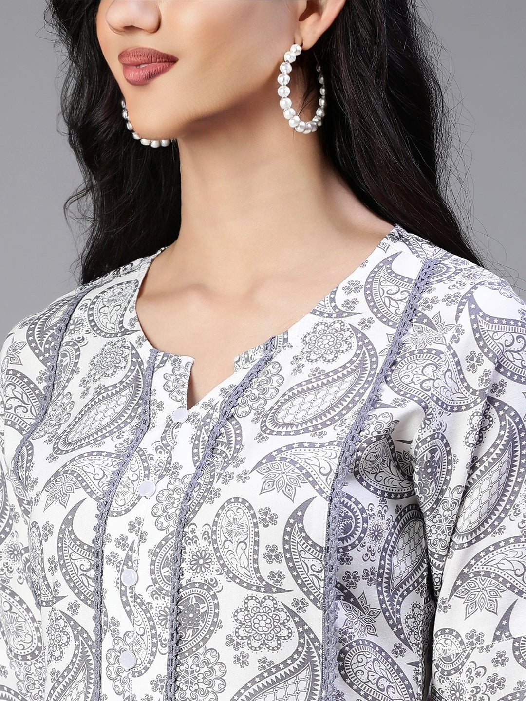 Off White Rayon Printed Kurta