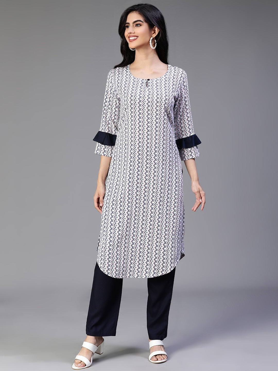 Off White Rayon Printed Kurta