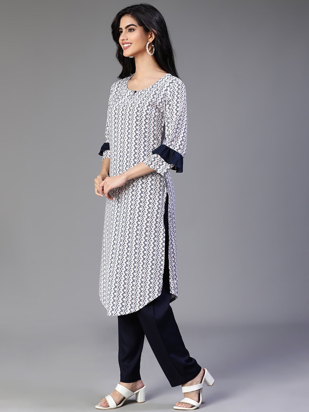 Off White Rayon Printed Kurta