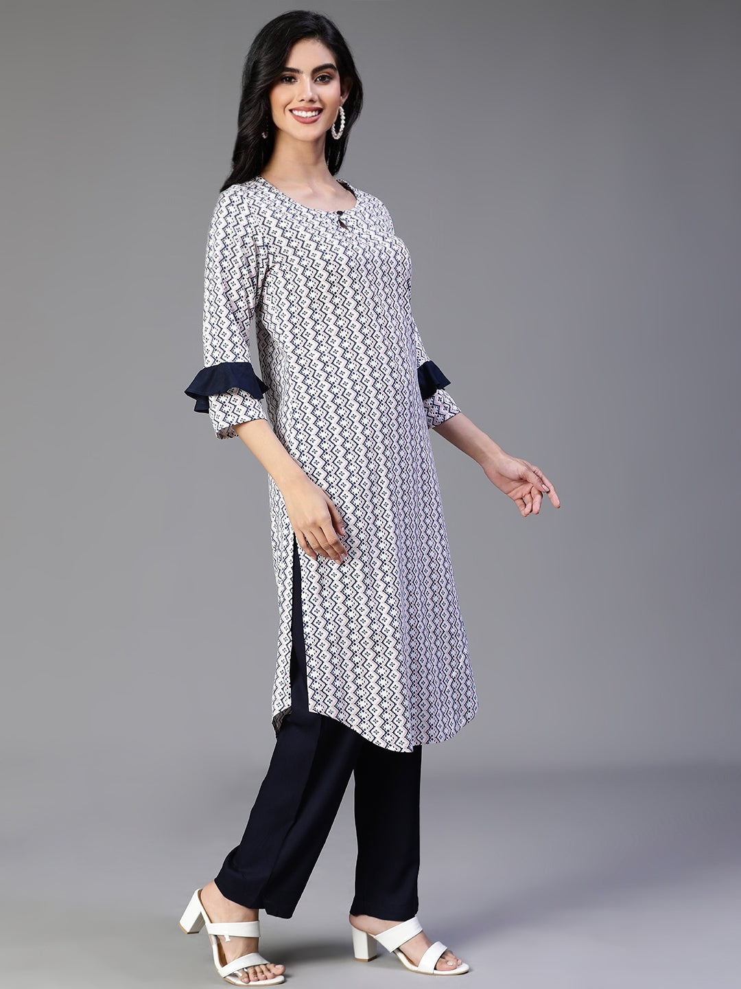 Off White Rayon Printed Kurta