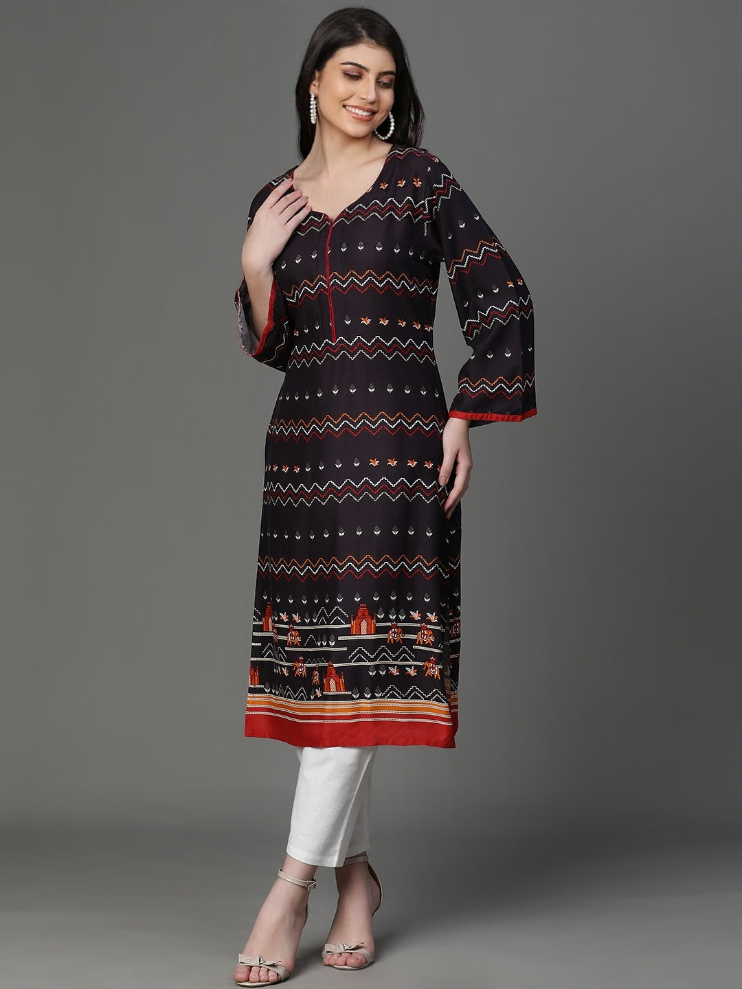 Brown Rayon Printed Kurta