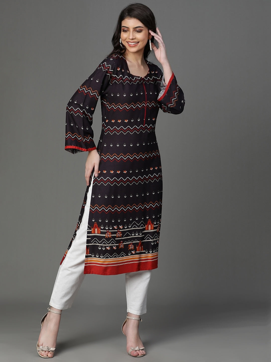 Brown Rayon Printed Kurta