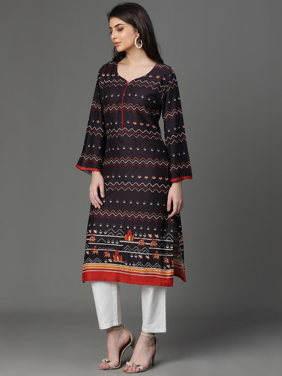 Brown Rayon Printed Kurta