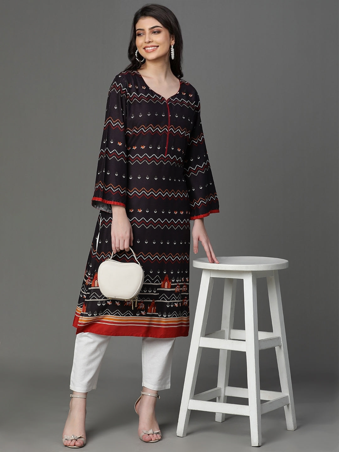 Brown Rayon Printed Kurta