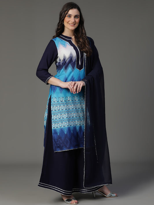 Blue Rich Soft Cotton 3 Pc Kurta Set with Dupatta .