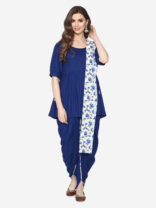 Blue 3 piece Kurta Set with Cotton Printed Dupatta