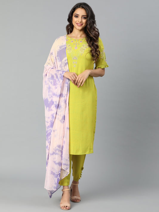 Green  3-piece kurta set with a Chanderi digital printed dupatta