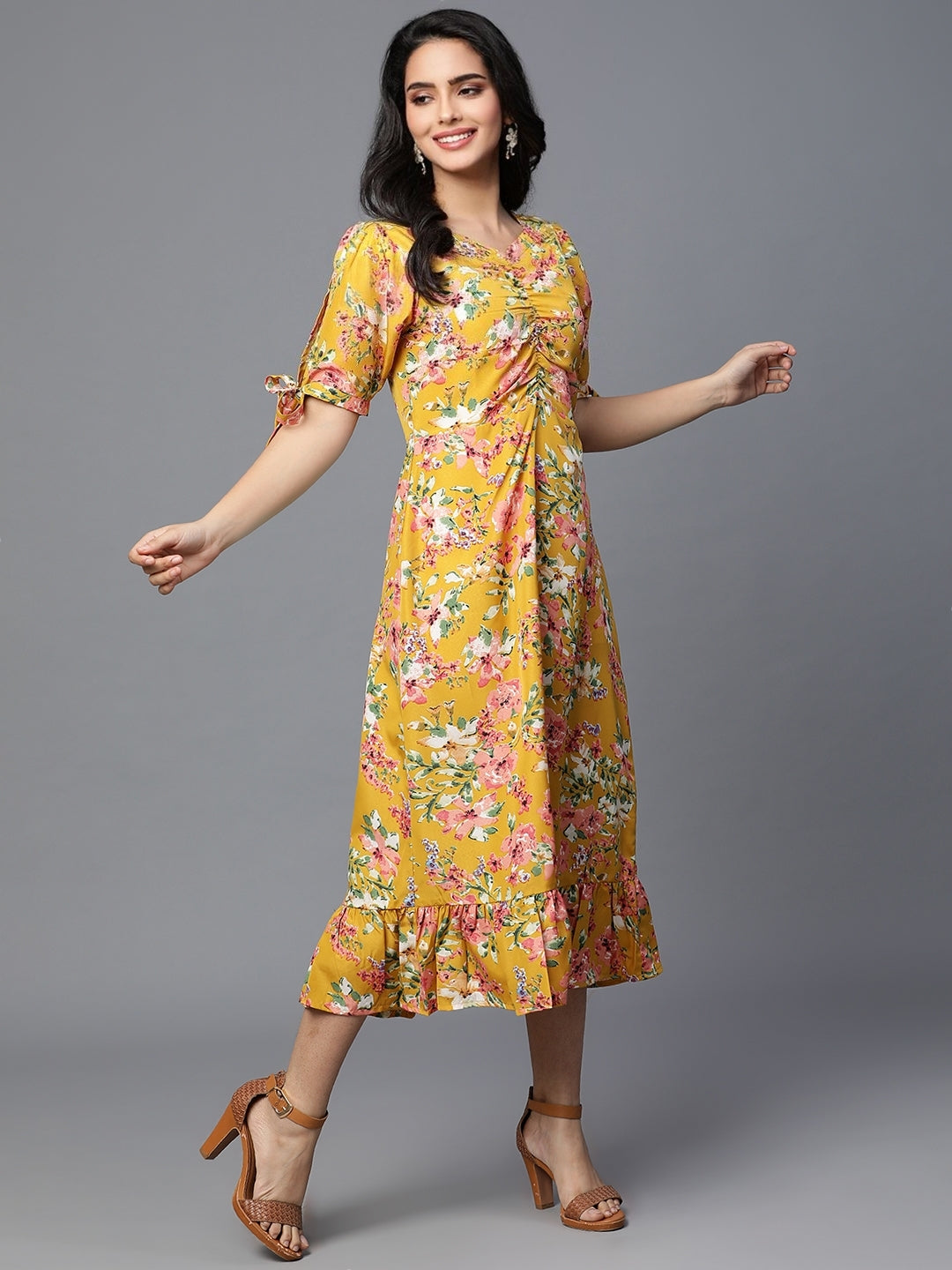 Mustard crepe printed dress