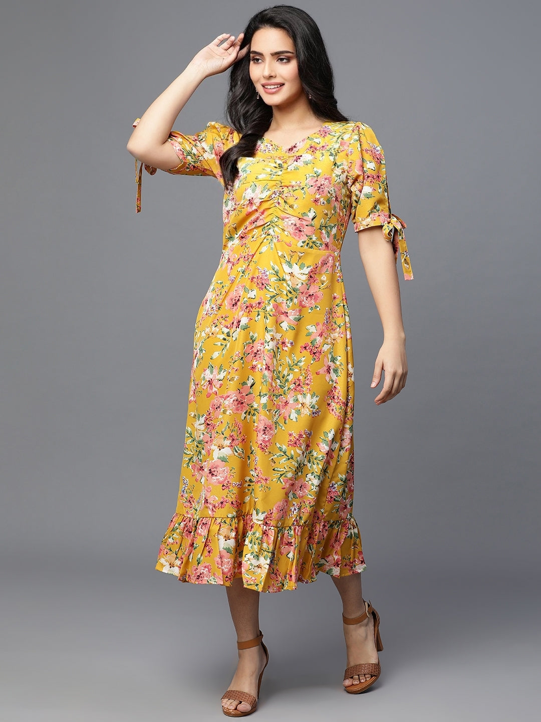 Mustard crepe printed dress